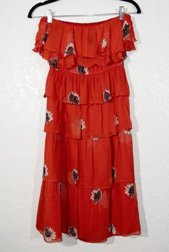 Rebecca Taylor Red Floral Silk Strapless Tiered Dress Size 2