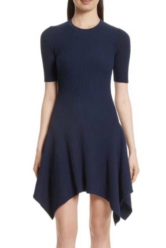 Opening Ceremony Eclipse Delta Marine Navy Short Sleeve Rib Knit Handkerchief Hem Dress $375 EUC S