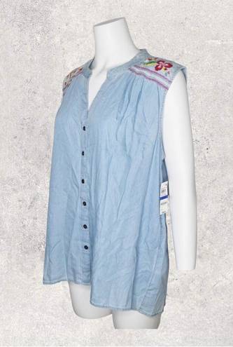 Style & Co  Macys Chambray Floral Embroidered Detail Sleeveless Button Up Top XL