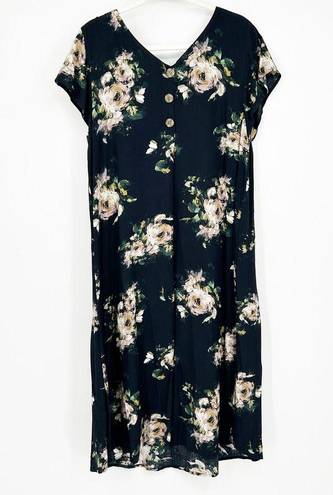 J.Jill  Womens Beachy Vacation Floral Printed V-Neck Midi Dress Size L Black