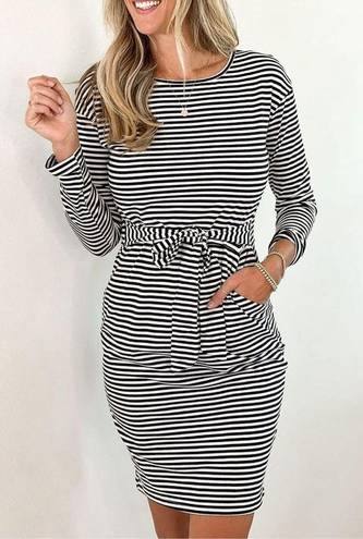 Merokeety NEW Striped Long Sleeve Belted Sheath Pencil Dress S