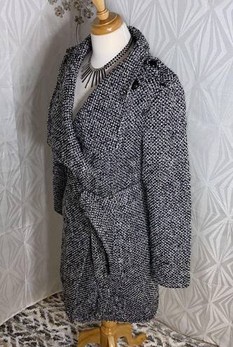 GUESS |  Black & White Tweed Wool Blend Coat Belted