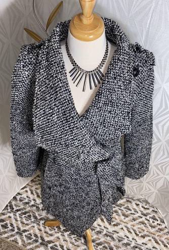 GUESS |  Black & White Tweed Wool Blend Coat Belted