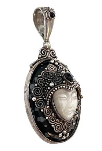 Onyx 925 Silver Sajen Goddess Face Mother of Pearl PENDANT Black Obsidian  Gems