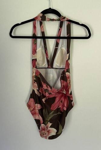 Tommy Bahama  Women’s Brown Pink Tropical Floral Halter One Piece Swimsuit