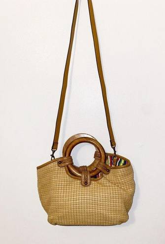 Fossil Vintage  Tan Straw Basket Weave Leather Round Wood Handle Hobo Purse Bag