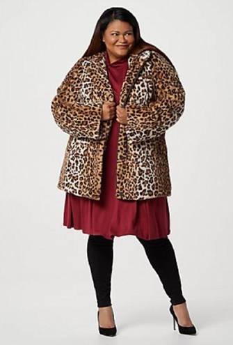 Dennis Basso Brown Leopard Zip Front Faux Fur Coat with Hood and Waist Detail