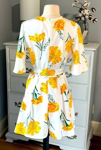 FAVLUX Colorful Bright Yellow Floral Romper  Womens Large Bold Tie Belt