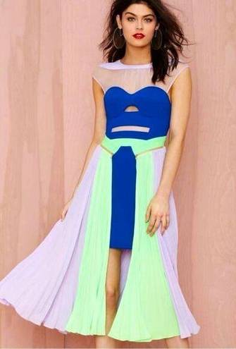 Three Floor Sz 4  High Time Royal Blue, Neon Green and Lavender Color Block Dress