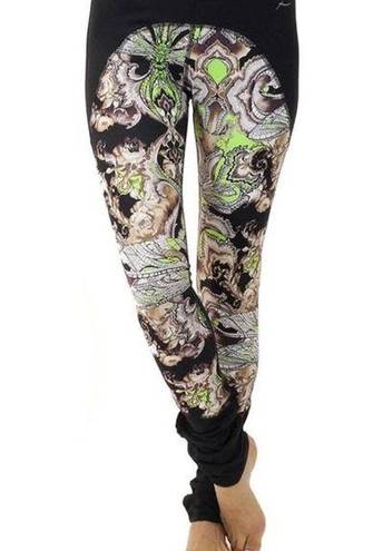 Gottex Black & green print low rise ruched athletic yoga leggings