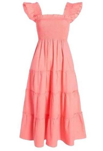 Hill House NWT  Ellie Nap Dress in Coral Cotton Smocked Midi XS Pockets!
