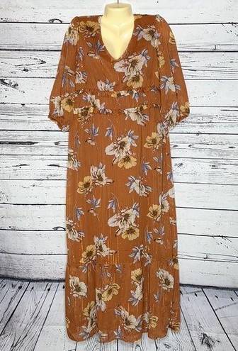 Luxology  NWT Size L Rust with Floral Print Ruffle Maxi Peasant Dress