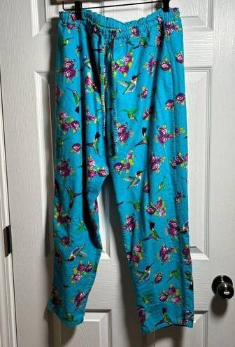 Hummingbird LA CERA  Flannel Cotton Pajamas Womens L Blue Buttons PJ Set Floral