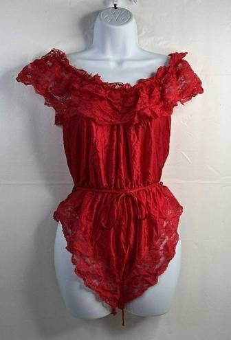 One Piece Vintage 70s 80s Teddy  Red Lace Satin Romper Lingerie High Cut Booty M