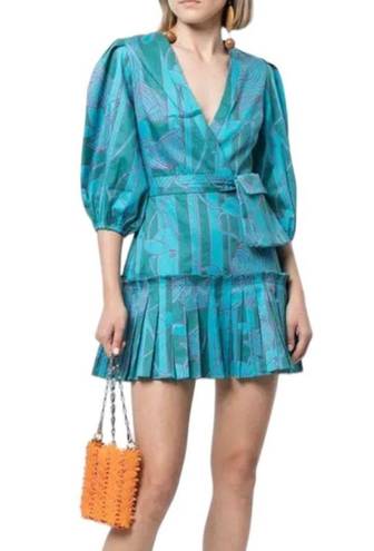 Alexis Sakura Blue Green Tropical Pleated Puff Sleeve Mini Dress sz XS $495