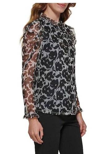 DKNY  FLORAL Long Sleeve Ruffle Neck Blouse Top SIZE SMALL white black