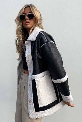 Princess Polly Lexie Black & White Faux Leather Shearling Oversized Jacket L/XL