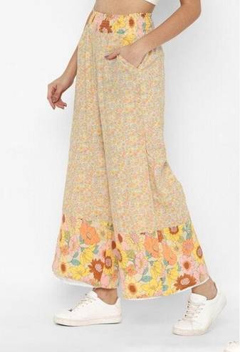 American Eagle  Women's Yellow Floral Wide Leg Pull On Pants Size XL