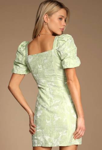 Lulus Beyond Amazing Light Green Floral Jacquard Puff Sleeve Dress