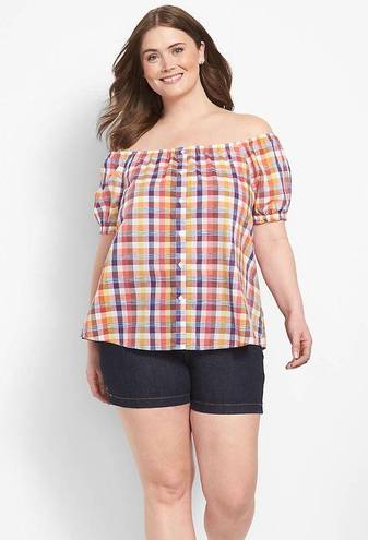 Lane Bryant  Plaid Cotton Off the Shoulder Short Sleeve Elastic Button Size 18/20