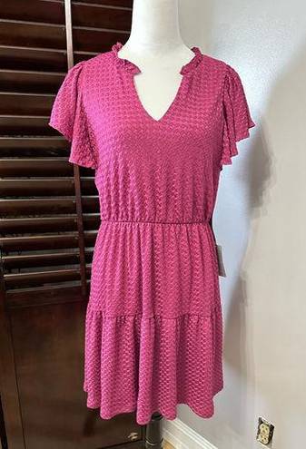 London Times  Womens Tiered A Line Dress Pink Stretch V Neck Cap Sleeve M New