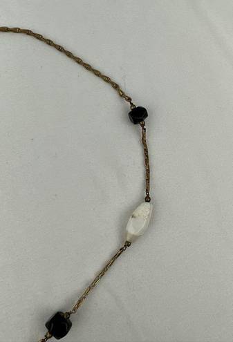 Onyx Vintage Semi Precious White Agate  Beaded Brass Chain Lariat Necklace