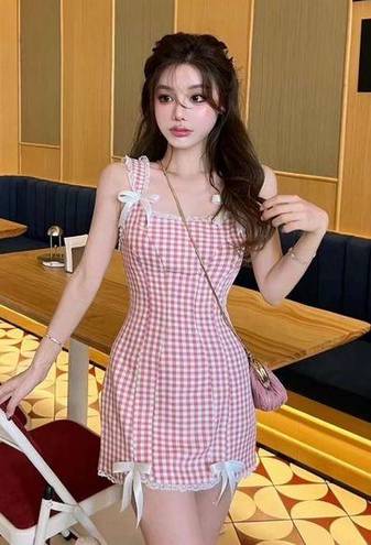 One Piece Japanese Kawaii Summer Red White Plaid Lace Ribbon Bow Y2K  Mini Dress