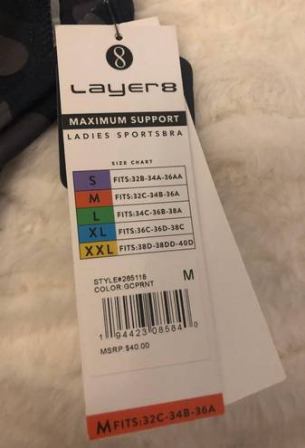 Layer8 NEW Maximum Support Ladies Sports Bra Medium 32c 34b 36a Gray/Navy Camo Print