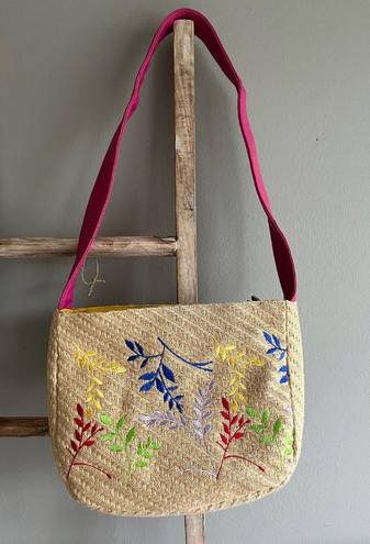 Dove  Vintage Y2K Straw Floral Embroidered Large Crossbody Bag Woven Purse Rare