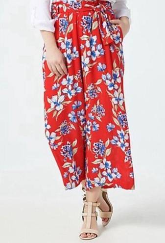 Gibson  Look Cropped Wide Leg Belted Pants in Red Print, Size XL New in Packaging