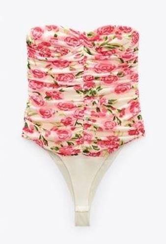 ZARA  Draped Floral Strapless Bodysuit in Ivory & Pink sz S