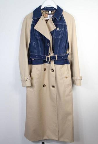 Burberry  Beige Paneled Cotton-Gabardine & Blue Denim Double-Breasted Trench Coat