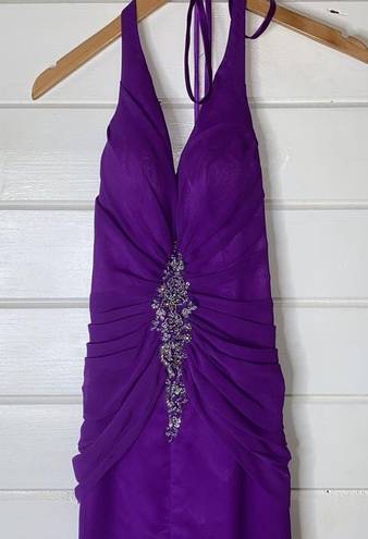 Night Moves  purple jeweled lace up back prom dress