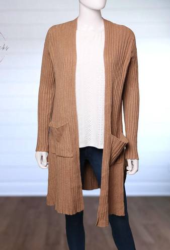 Cyrus  Ribbed Knit Open Front Cardigan Duster Side Split Camel Tan Size XS