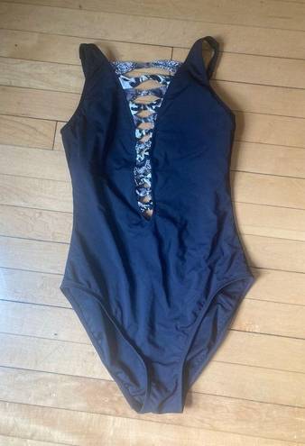 Bleu Rod Beattie  Animal Print Knotted Black One Piece Swimsuit