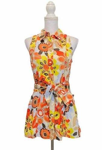 W By Worth Women's  Sz 8 Floral Mod Top Sleeveless Colared Belted Button Blouse