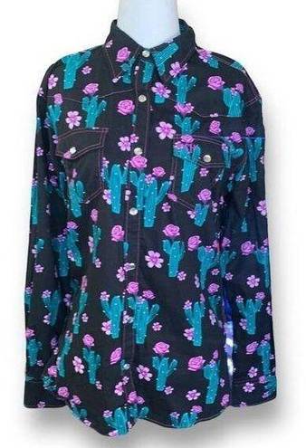 Blossom Cowgirl Hardware Shirt Black Pink Cactus  Floral Snap Front Western Top