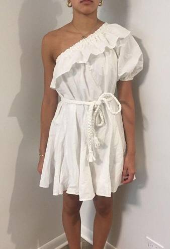 Target RHODE for  White Cotton One Shoulder Ruffle Braided Belt Short Dress Small