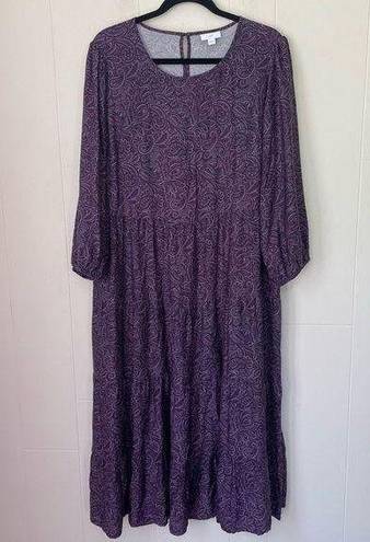 J.Jill  Long Sleeve Prairie Purple Paisley Midi Dress Viscose ~ Women’s Size L