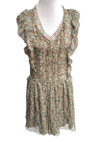 Zadig & Voltaire  Rimana Ruffle Cap Sleeve Silk Dress Green Blue Maroon Size XS