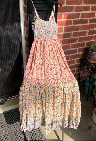 Angie Peach Floral Tiered Sleeveless Boho Ruffle Hem Crinkle Maxi Dress M