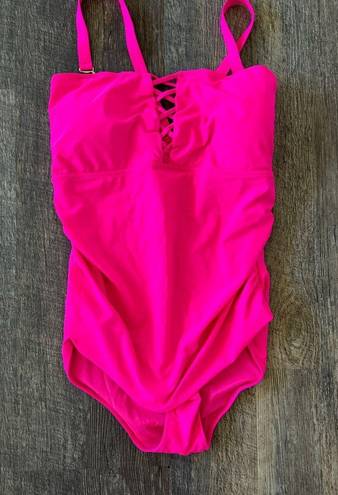 One Piece Yonique Pink Sexy ruched tummy control  bathing swim suit plus 20W