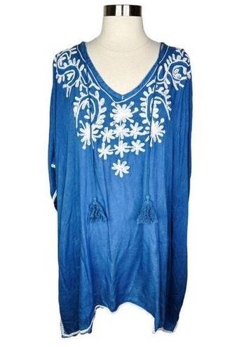 Salty Lemon  Denim Blue Embroidered Boho Swim Cover-Up / Top