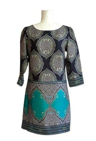 Laundry by Shelli Segal Laundry Shelli Segal Dress Blue Teal White Retro Print 3/4 Sleeve Shift Size 2