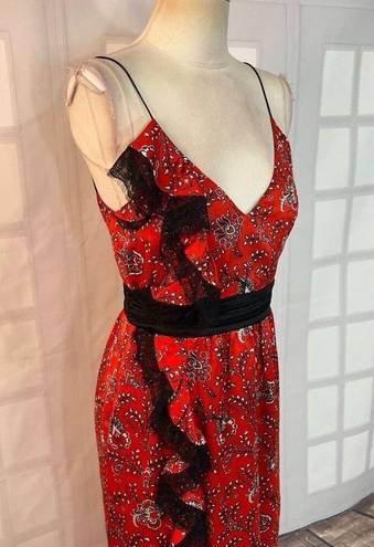 Cinq à Sept Cinq a sept Petra red silk bandanna black lace trim midi slip dress size 4