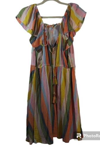 Angie  Pina Colda Striped Short Sleeve Strappy Neck Dress Boho Size L