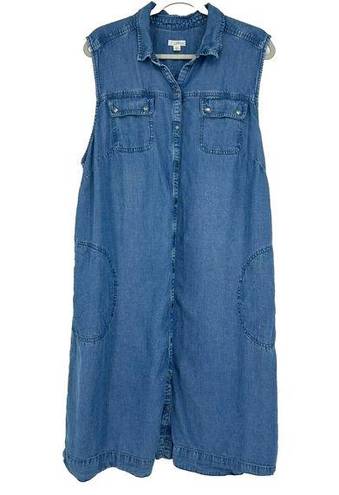 J.Jill  Denim Chambray Midi Shirt Dress Snap Front Sleeveless Pockets Size 3X