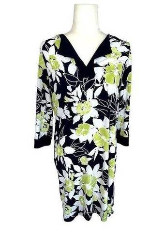 Tiana B . Floral Puff Paint Dress Shift 3/4 Sleeve Stretch Pullover Blue Green 10