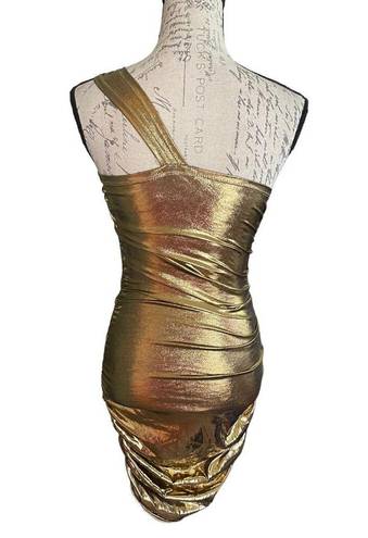 Micas  Gold Metallic One Shoulder Ruched Mini Dress X-Small