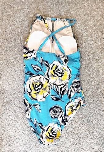 Garnet Hill  Swimsuit One Piece Teal Blue Yellow Floral Keyhole Neck 8